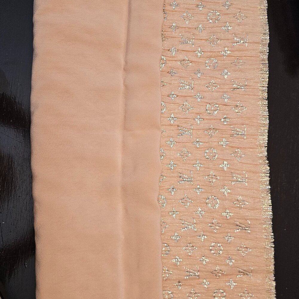 Silk pale pink scarf w/silver glitter monogram